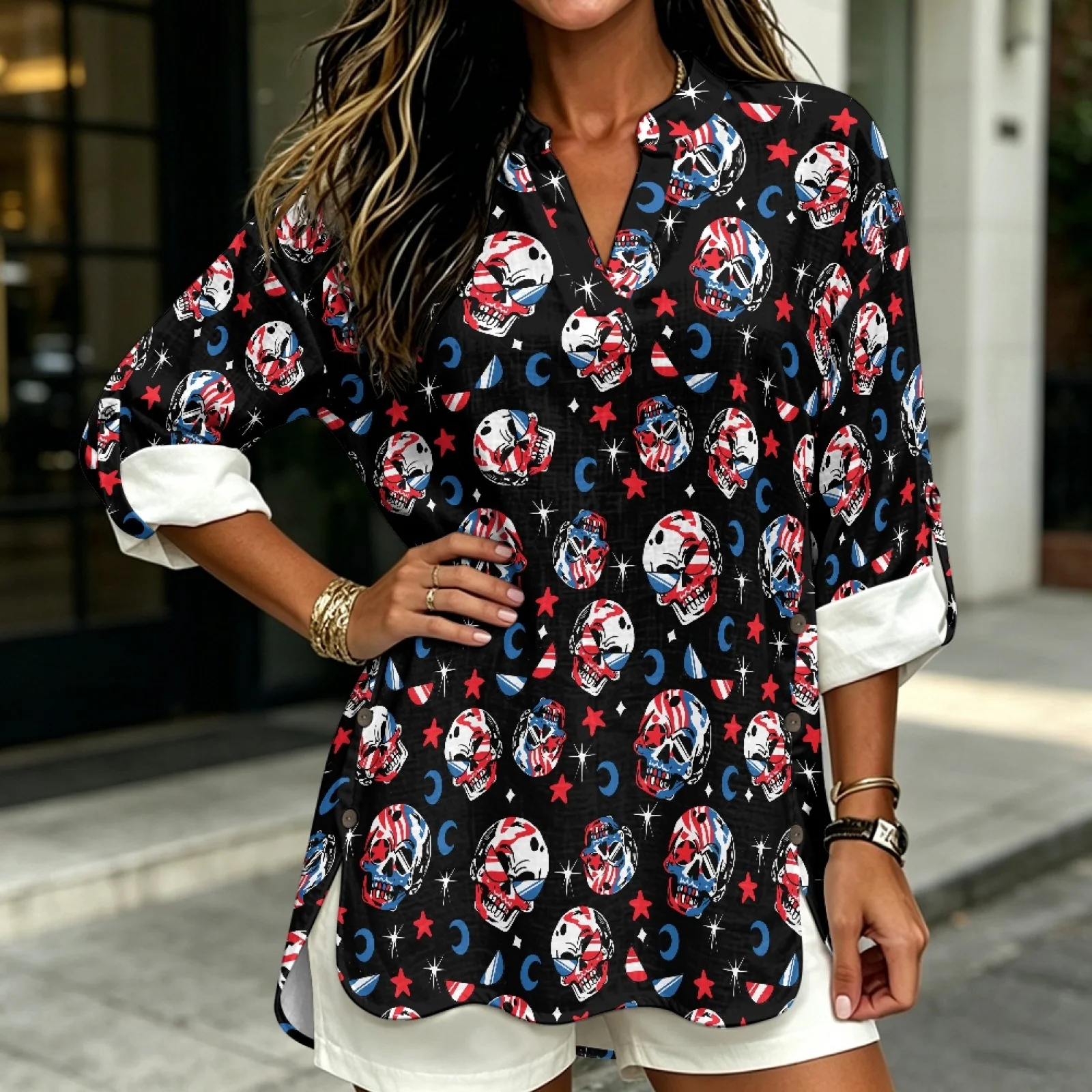 PENSTROLL Roll-Up Linen Like Tunic Tops Lightweight Blouse Top for Resort Skull Design