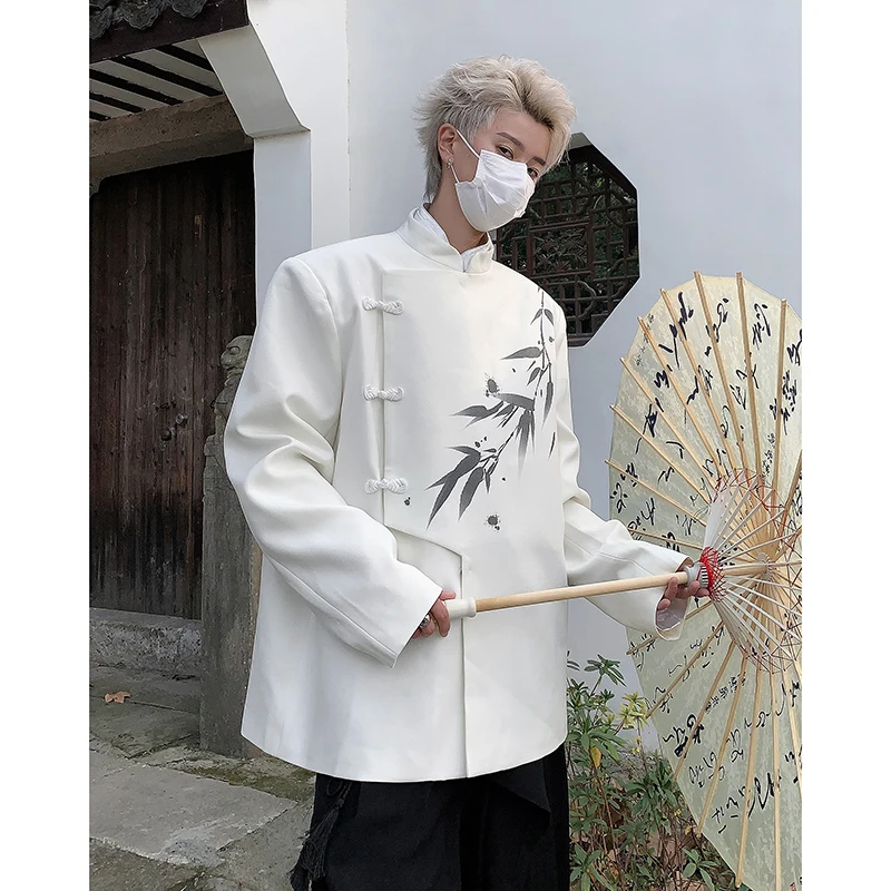 

Новая мужская весенняя куртка в китайском стиле с принтом бамбуковых листьев, с дизайнерскими вставками на плечах, повседневная, на пуговицах, для отдыха