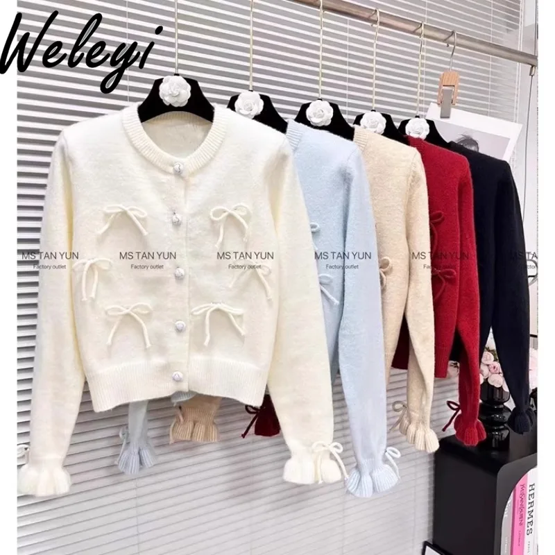 

Japanese Soft Waxy Bow Wool Knitted Cardigan 2024 Autumn and Winter New Elegant Round Neck Long Sleeve Short Sweater Top Mujer