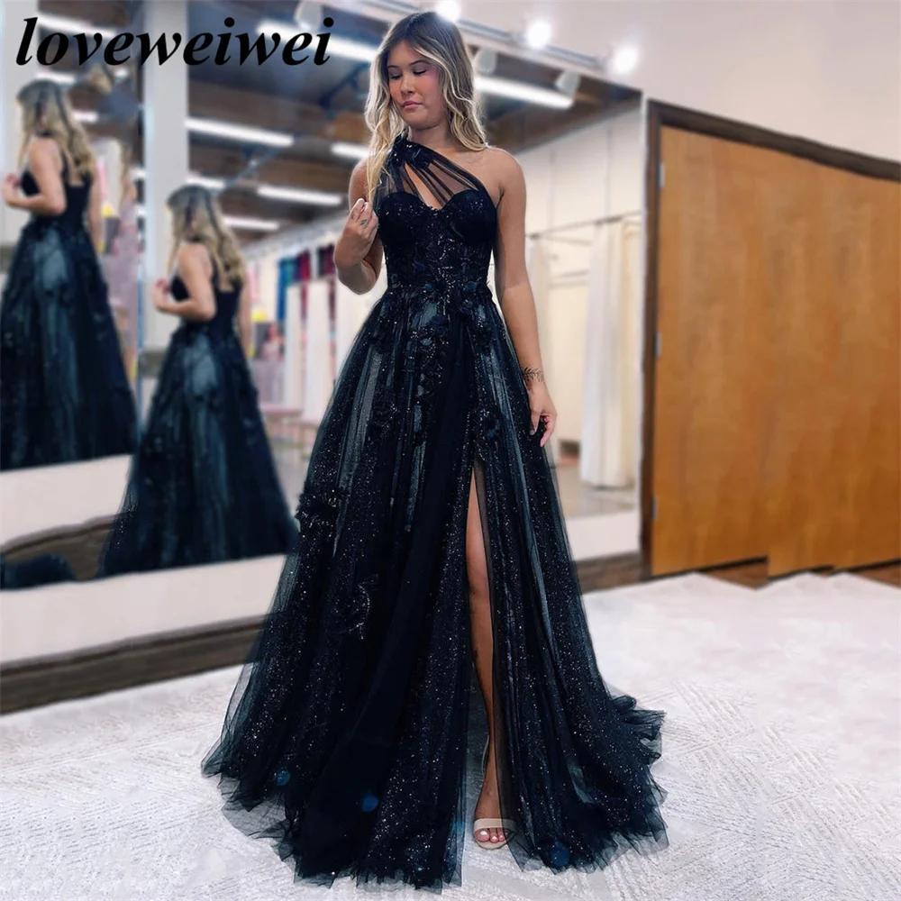 Black Sexy Backless Tulle Evening Gown One Shoulder 3D Flowers Applique Prom Dresses Slit Party Dress Vestidos De Novia Women