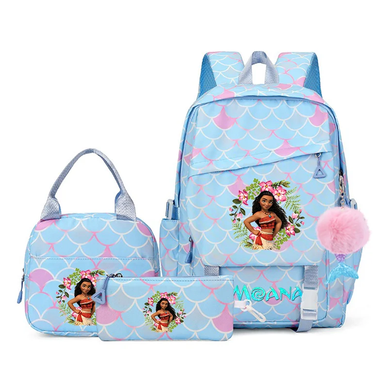 

3Pcs Backpack Set Moana Girl Kid Student Schoolbags Double Shoulder Bag Travel Pen Lunch Bag Kawaii Print Bookbag Laptop Bag Set