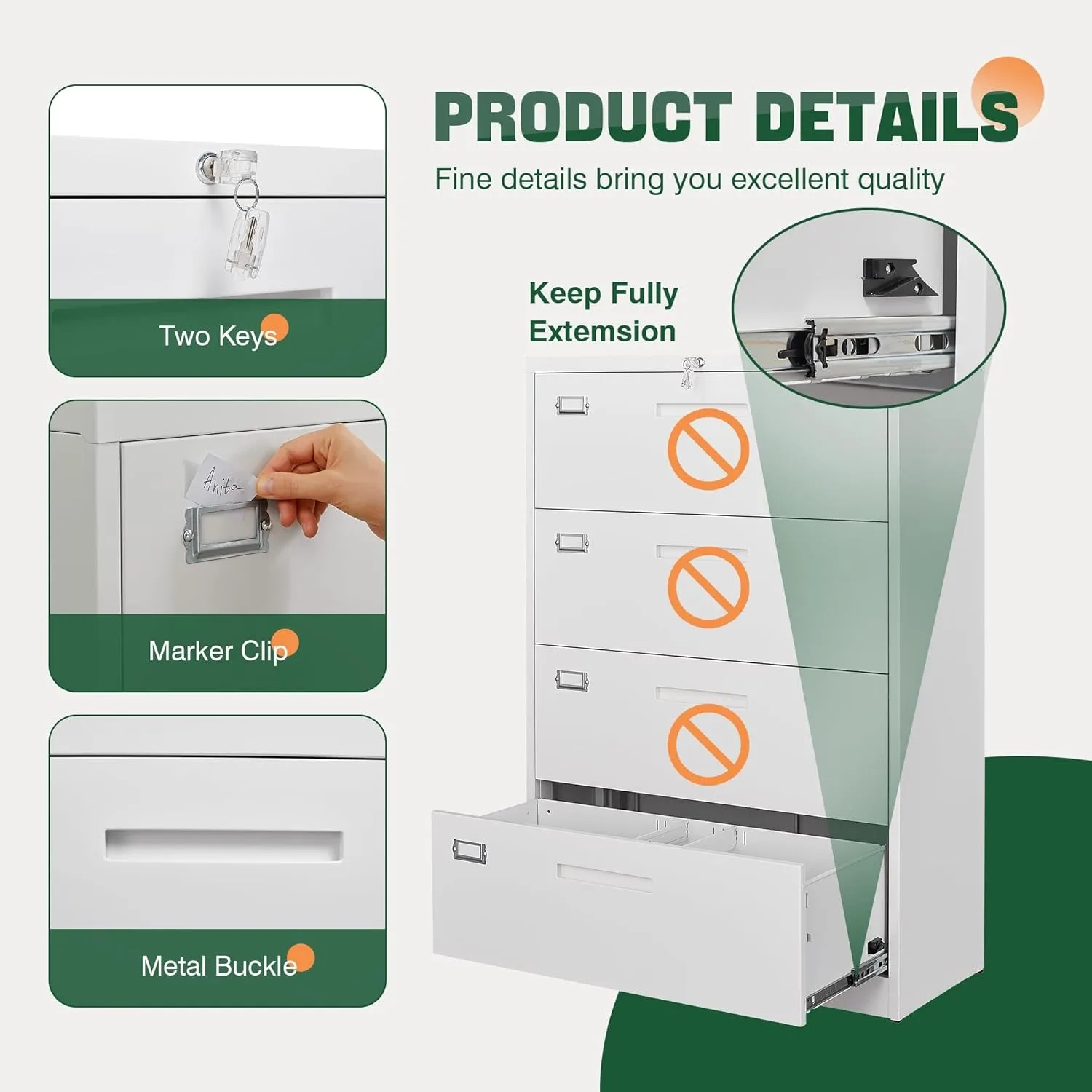 Archivador de 4 cajones con cerradura, archivador lateral de metal, amplio almacenamiento de organización de oficina (blanco: requiere instalación)