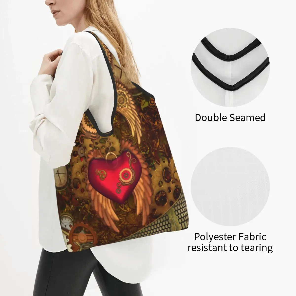 Kawaii Print Steampunk Heart With Wings Shopping Tote Bag Portable Shoulder Shopper Metal Mechanical Gears Handbag