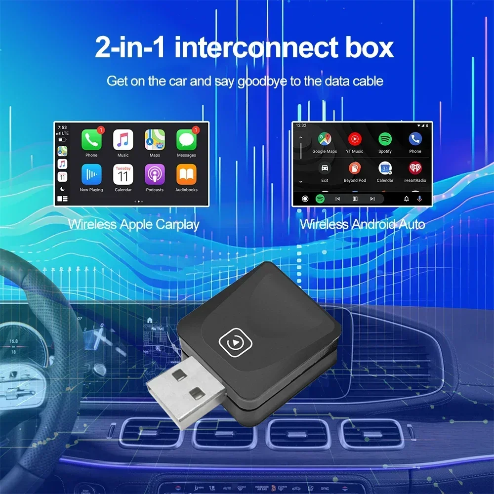 2 in 1 Wireless Carplay Adapter Smart Mini BOX Plug and Play Bluetooth 5.0 WiFi Fast Connect Plug and Play for OEM Wired CarPlay