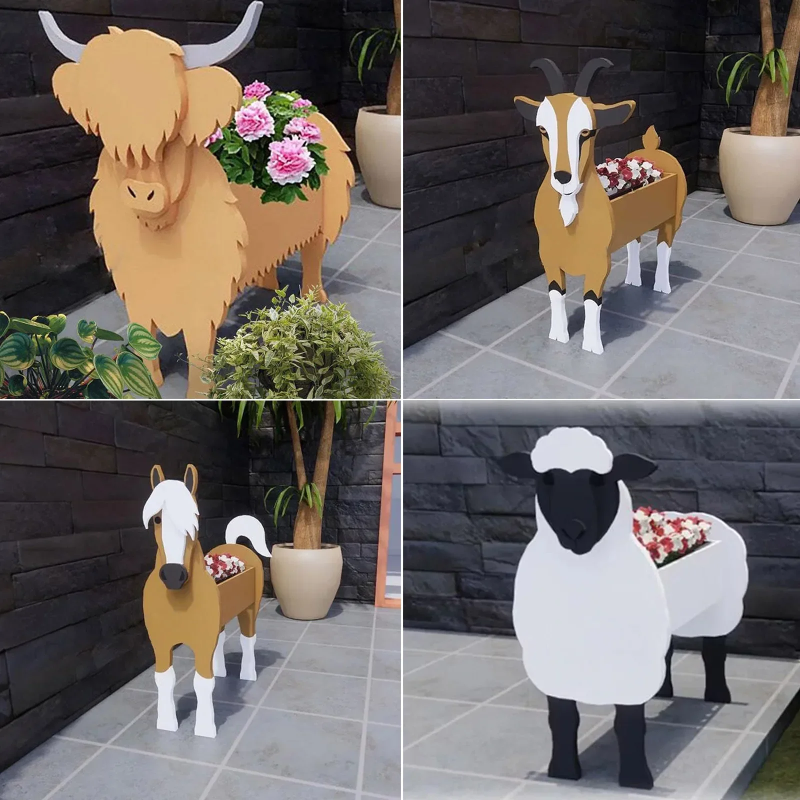 Flower Pot Garden Planter Cute Animal Cow Horse Sheep Pig Large Assembled PVC Board Plant Pot Garden
