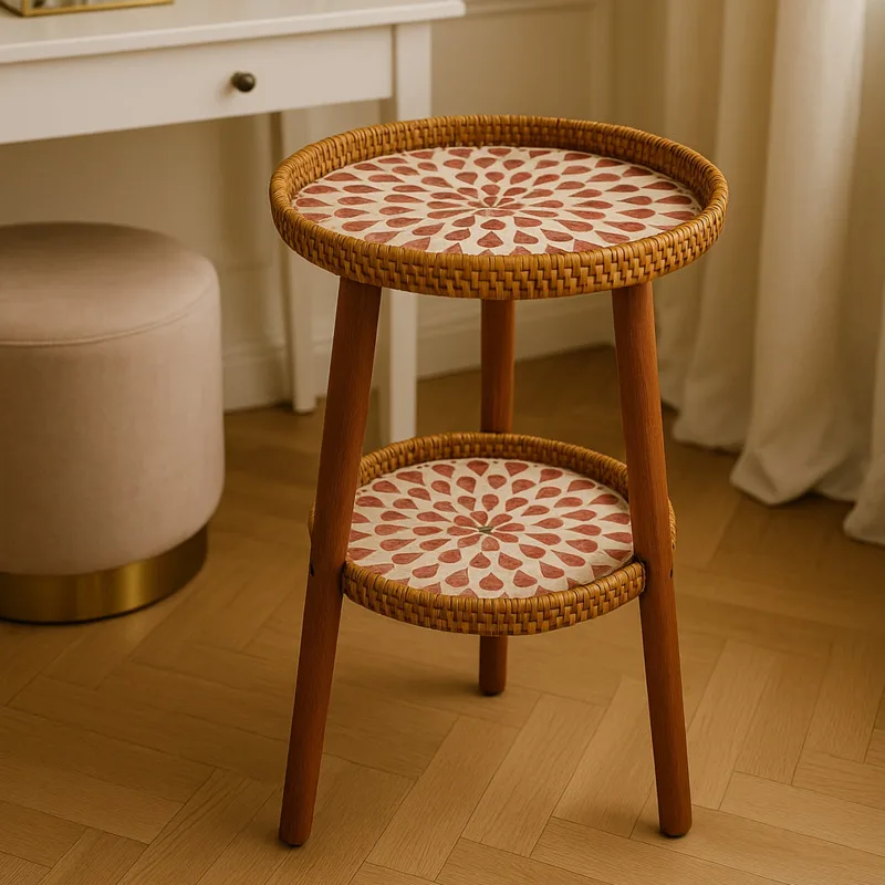 Double-Layer Rattan Coffee Table with Wood Legs, Artistic Mosaic Top, Rustic Boho Decor Table for Indoors and Outdoors