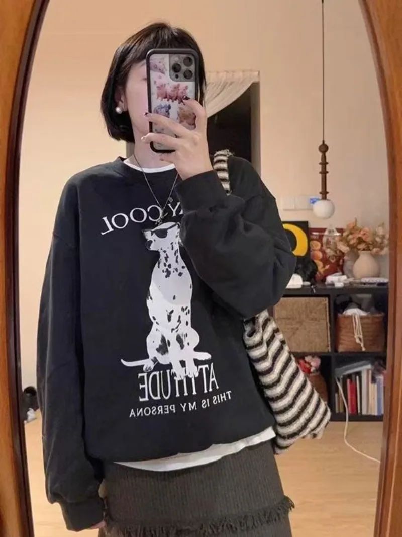 سترة نسائية بغطاء للرأس مطبوعة بأحرف شهيرة للخريف والشتاء، فضفاضة ومريحة وغير رسمية على الطراز الأصلي #1