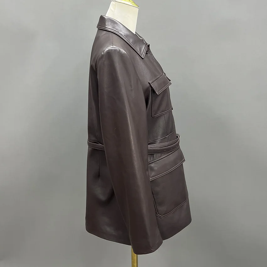 JANEFUR Women Genuine Leather Coat Office Ladies High Waist Retro Casual Sheepskin Medium Long Jacket Autumn Winter JFB6-25008