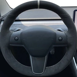 DIY Car Steering Wheel Cover Wrap Non-Slip Genuine Leather Suede Leather Braid For Tesla Model 3 2015-2021 Model Y 2019-2021