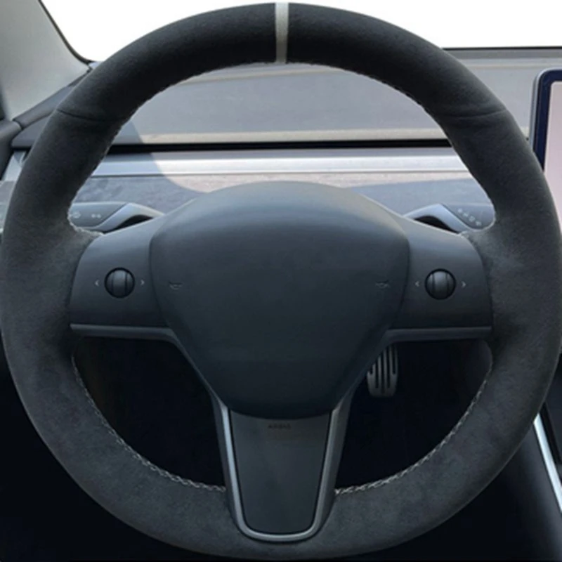 DIY 자동차 핸들 커버 랩 Tesla Model 3 2015-2021 Model Y 2019-2021 용 미끄럼 방지 정품 가죽 스웨이드 가죽 브레이드