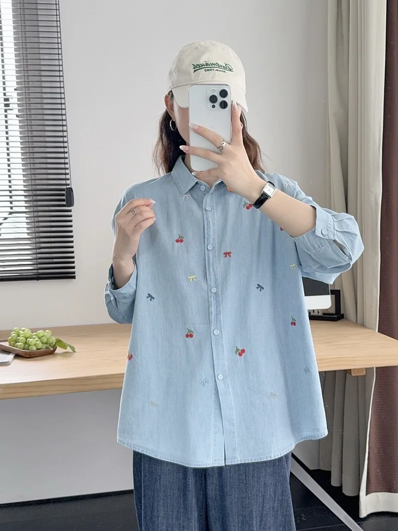 Harajuku y2k Denim Shirts Women Autumn Spring Korean Fashion Long Sleeve Flowers Embroidery Denim Blouses Vintage Jean Shirt