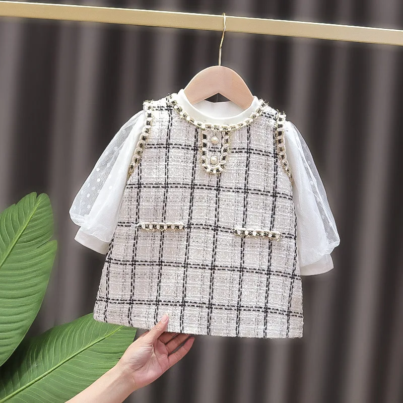 Baby Girl Tweed Plaid Dress primavera autunno nuovo senza maniche girocollo dolce ed elegante piccolo vento profumato ragazze abiti