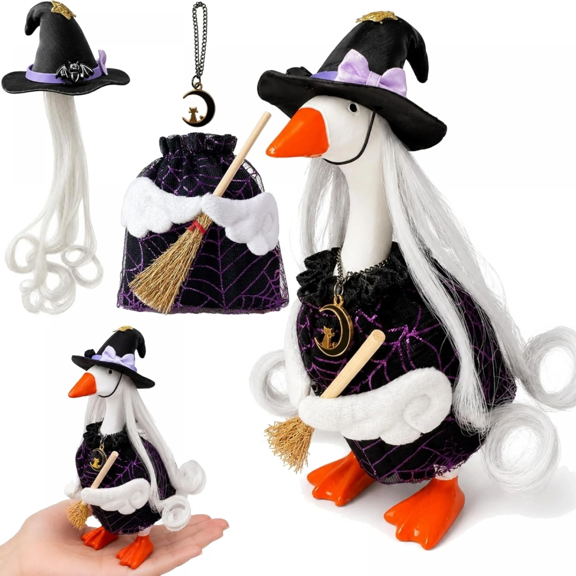 Halloween Desk Goose Outfit Robe Pointed Witch Hat Necklace and Broom Set
