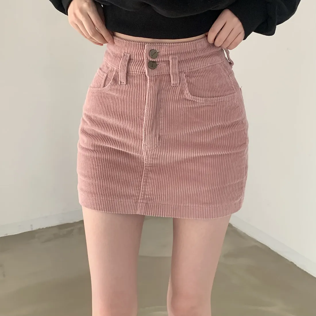 Small Pink Sheath Skirt Women's Korean-Sle Autumn and Winter Slim fit Slimming A- line Skirt High Waist Culottes Gyaru Shor...