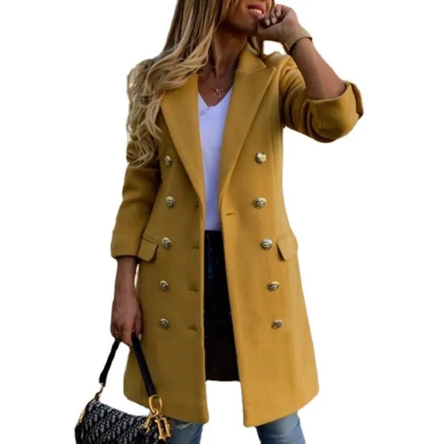 Women's Medium Weight Double Breasted Wool Coat with Notched Collar Contrast Panel Slim Fit Midi Length Long Sleeve Solid Color