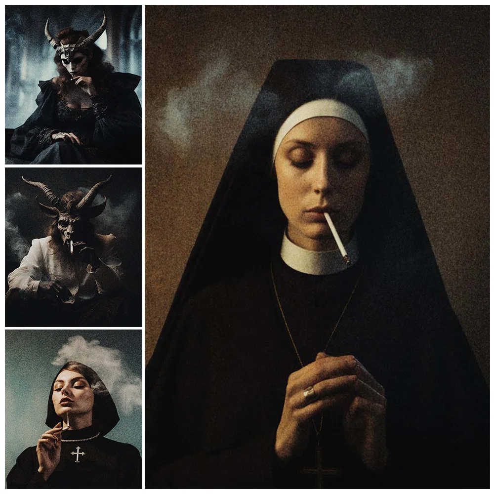 Smoking Nuns,Popes And Demons Vintage Photography Wall Art Canvas Painting Occult Abstract Art Poster Print Home Decor Unframed