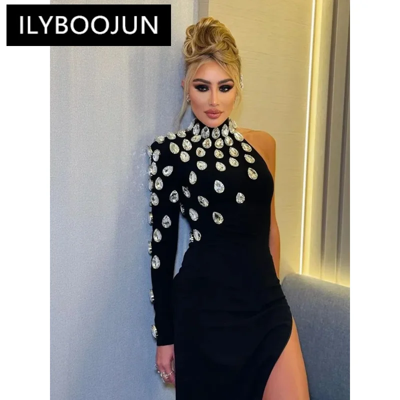 

Women Celebrity Sexy Singlsleevrhinestonblack Maxi Long Bodycon Bandagdress 2023 Elegant Evening Club Party Dress