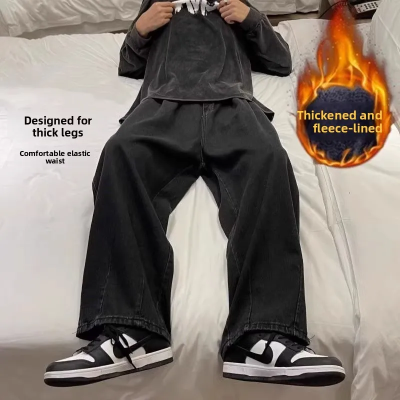 

Мужские джинсы больших размеров с начесом, прямые, широкие, на резинке, для весны и осени