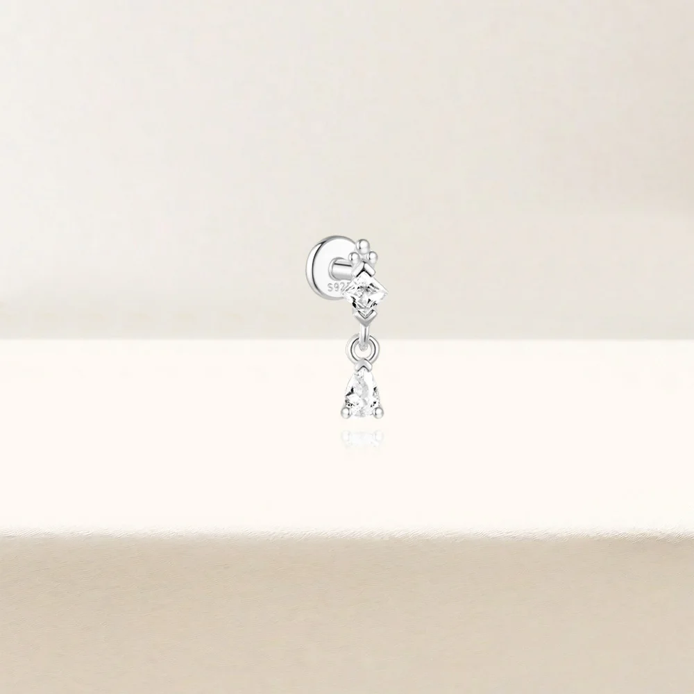 LENNIK White Gold Single S925 Silver Earring Women clover water droplet flat bottom tassel zircon piercing sweet earring  עגילים
