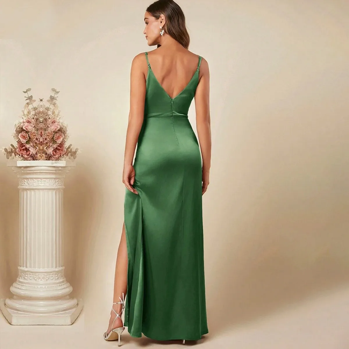 Pleated Pullover Gown Maxi Length Graceful Elegant with Spaghetti Strap Seamless Construction Long Dress Summer Party for Women