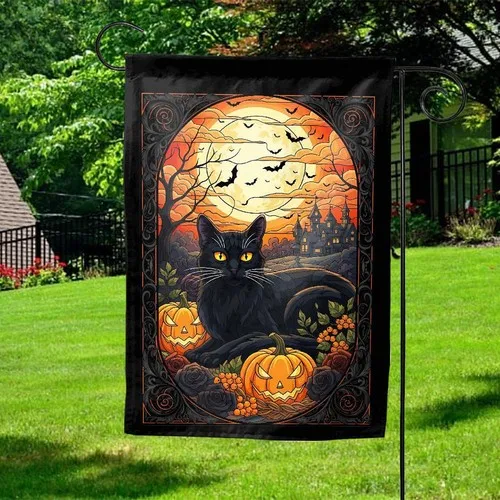 Vintage Halloween Cat Garden Flag Stained Glass Pumpkin House Banner ZZY