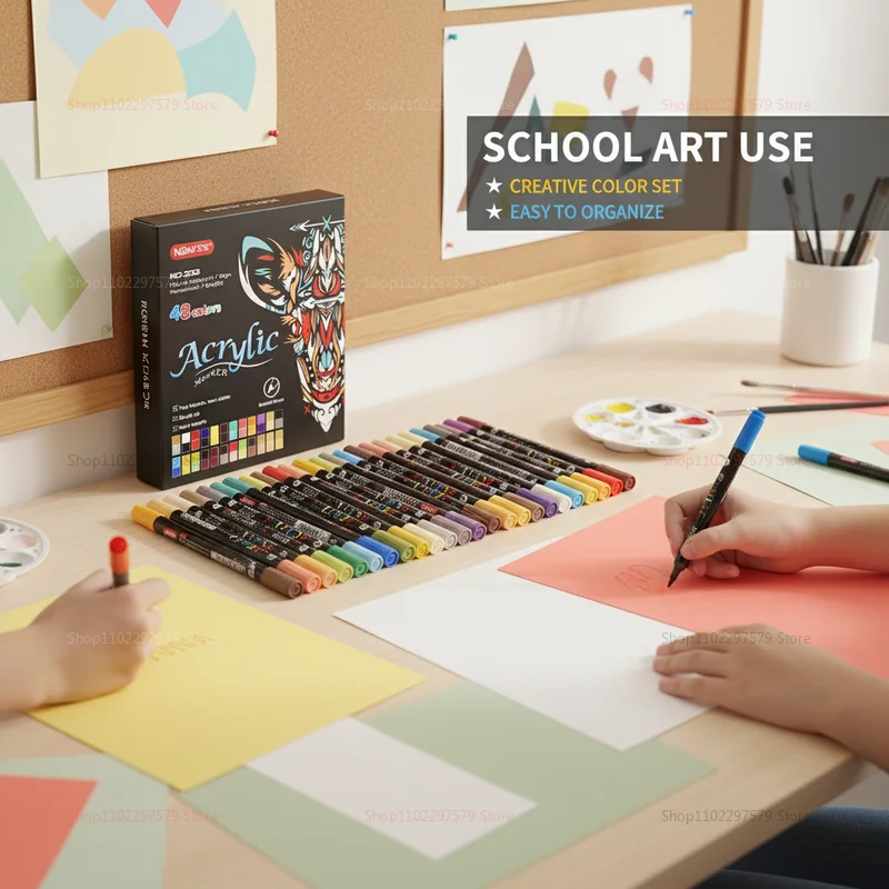 

Набор акриловых маркеров из 48 цветов - двусторонние ручки с тонким и кистевым наконечниками - для росписи по камню, деру, холсту и других поверхностей