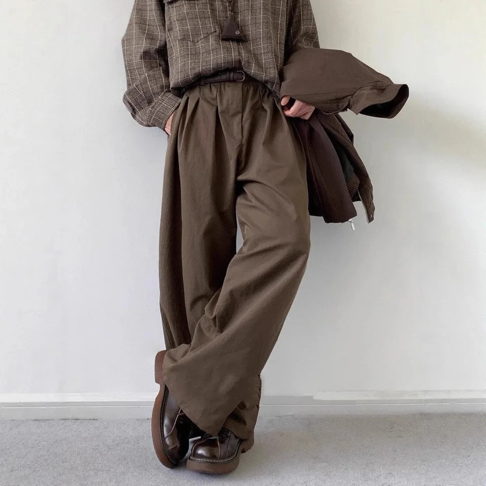 

2025 Retro Solid Color Basic Work Pants Unisex Coffee Color Loose Straight Fashion Versatile Elegant Design Long Trousers