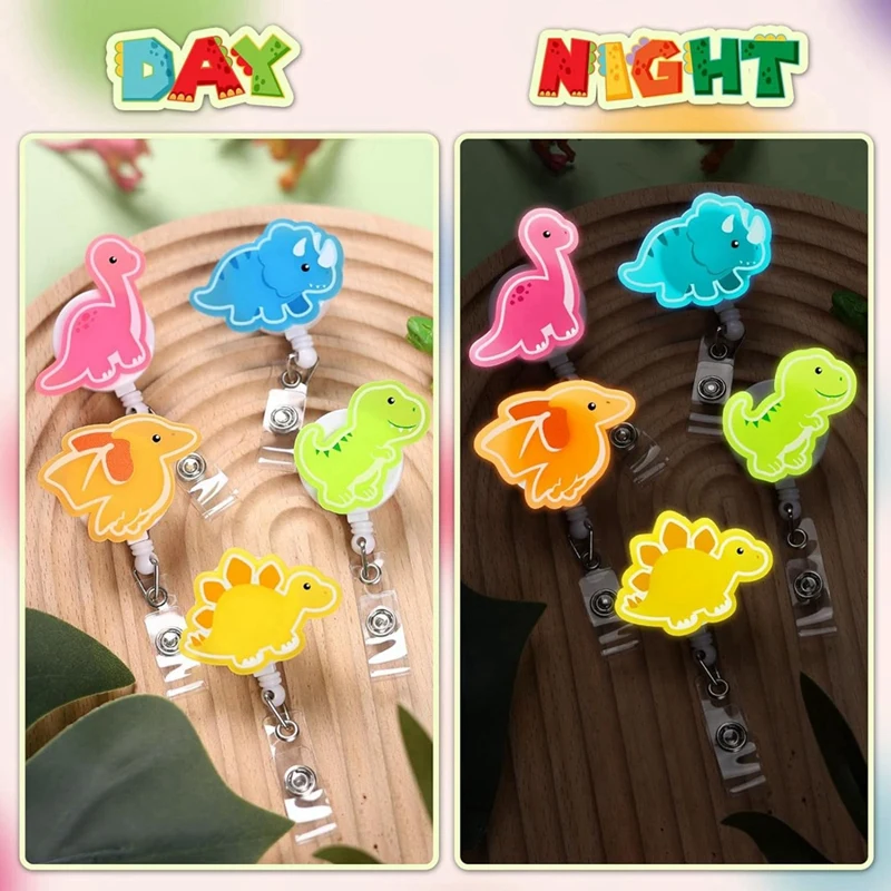 Dinosaur Badge Reels 5PCS Glowing In The Dark Nurse ID Badge Holder Retractable Clip Night Shift Luminous Badge Gifts Durable