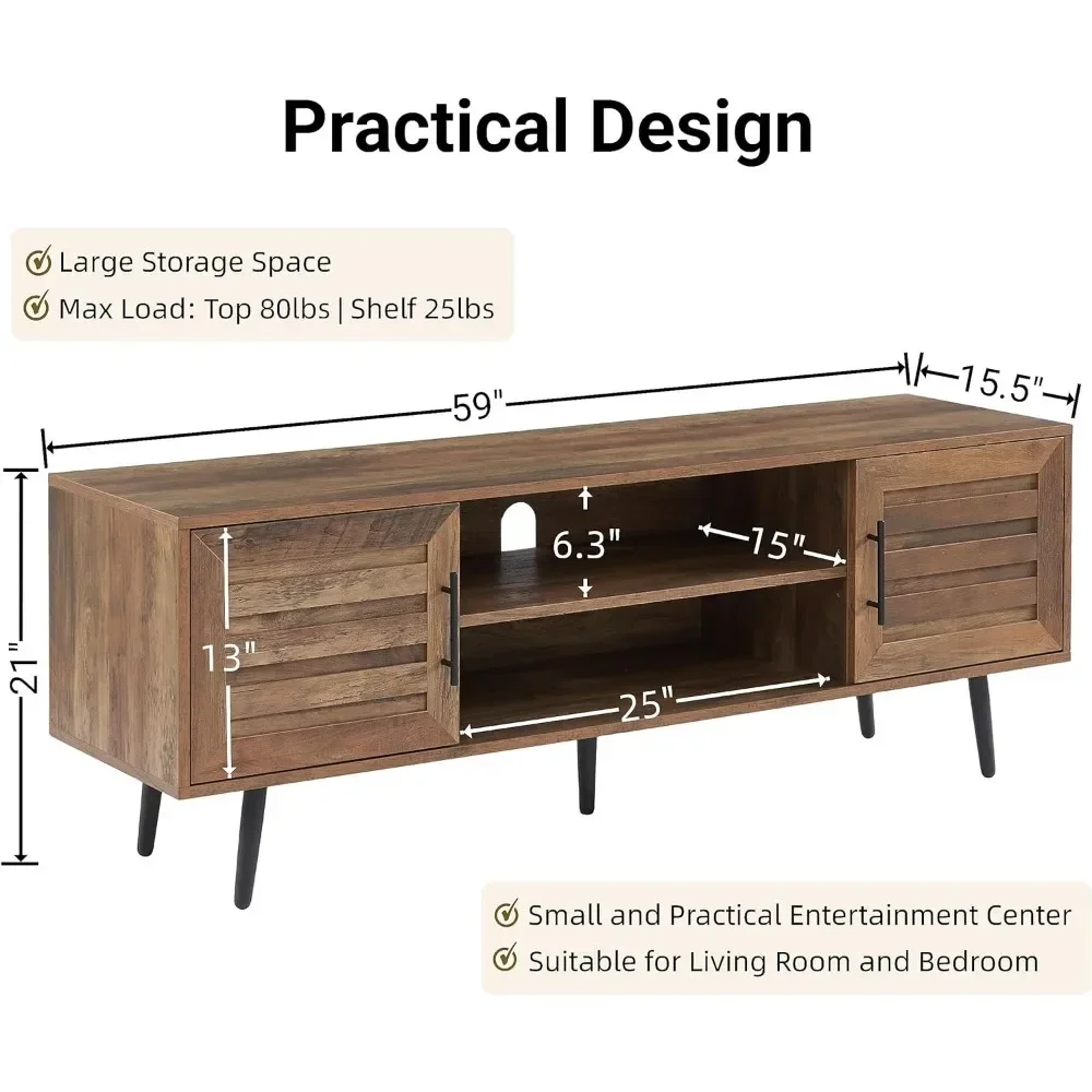 ミッドセンチュリーのモダンなテレビスタンド、収納キャビネット付き木製、テレビ用オープンシェルフ、リビングルーム家具