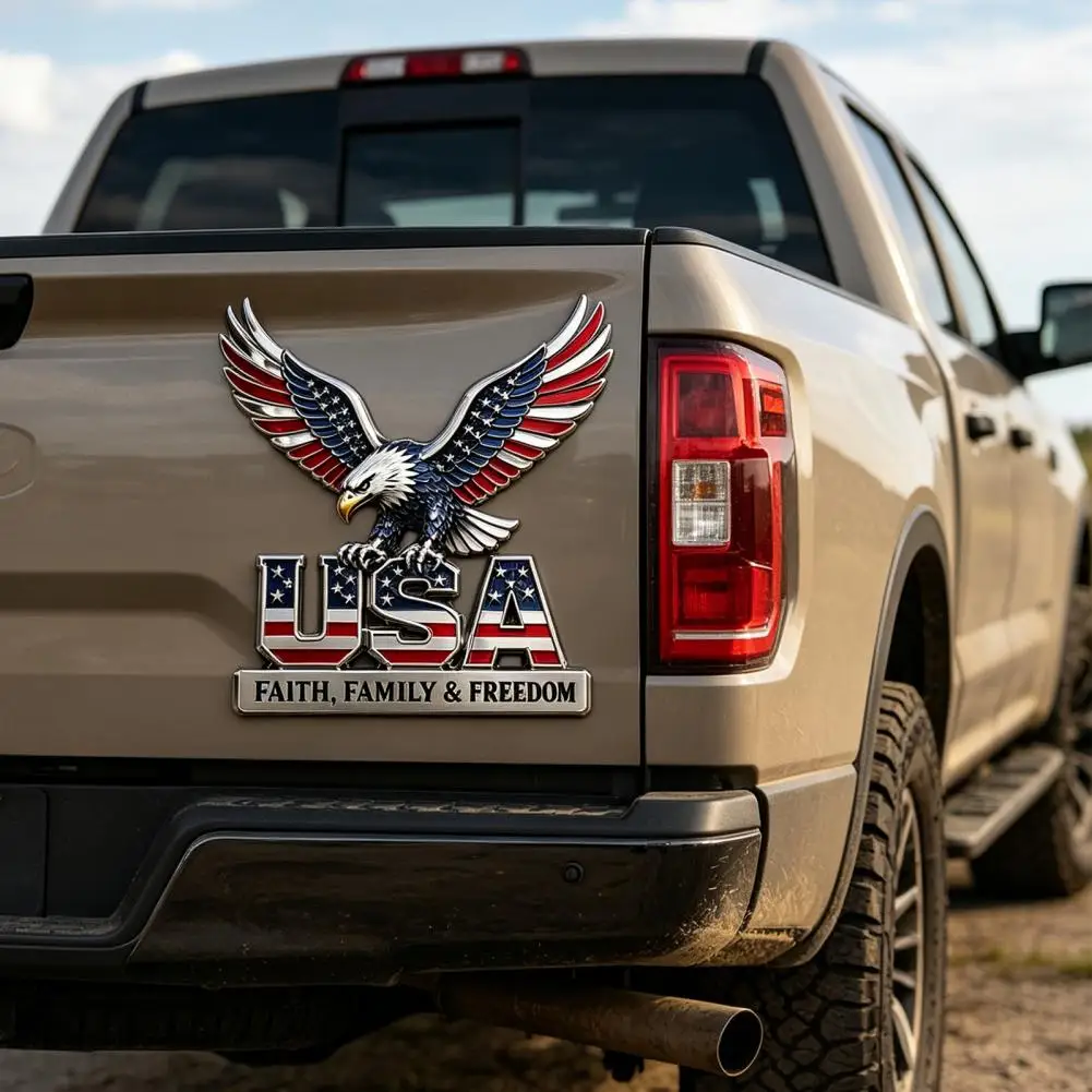 USA Faith, Family & Freedom Metal Emblem, Eagle & USA Letters Patriotic Edition 3D Metal Car Emblem