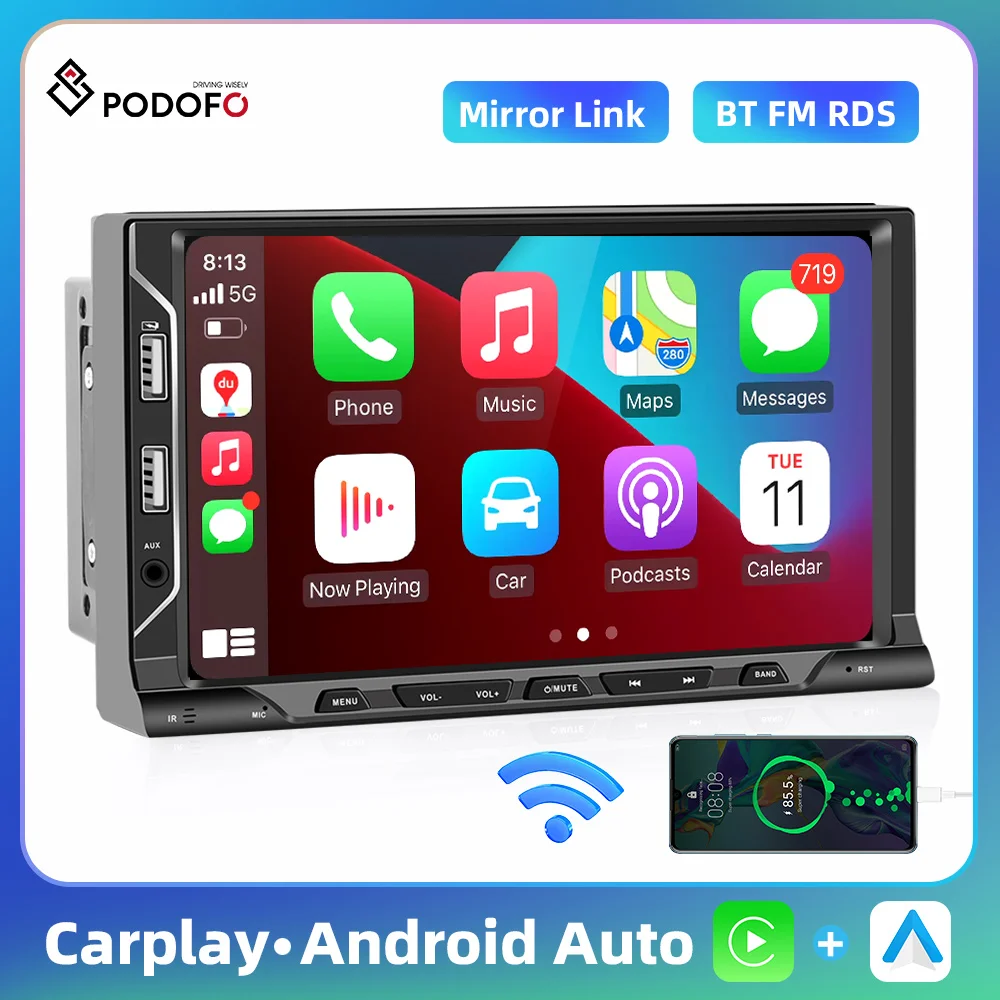 Podofo Carplay Car Radio Universal 2 Din Android11 7'' MP5 Player Split Screen TFT BT WIFI GPS USB FM Radio 4 Core Android Auto