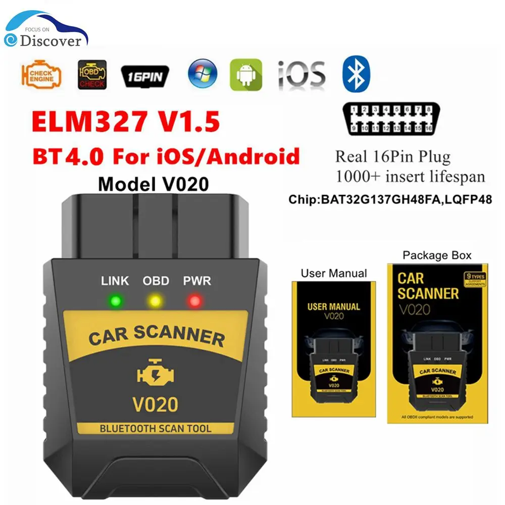 

Newest V020 Bluetooth 4.0 For Read Car Coder For IOS Android ELM 327 V1.5 Read Engine Error For Car OBDII Auto Diagnostic Tools