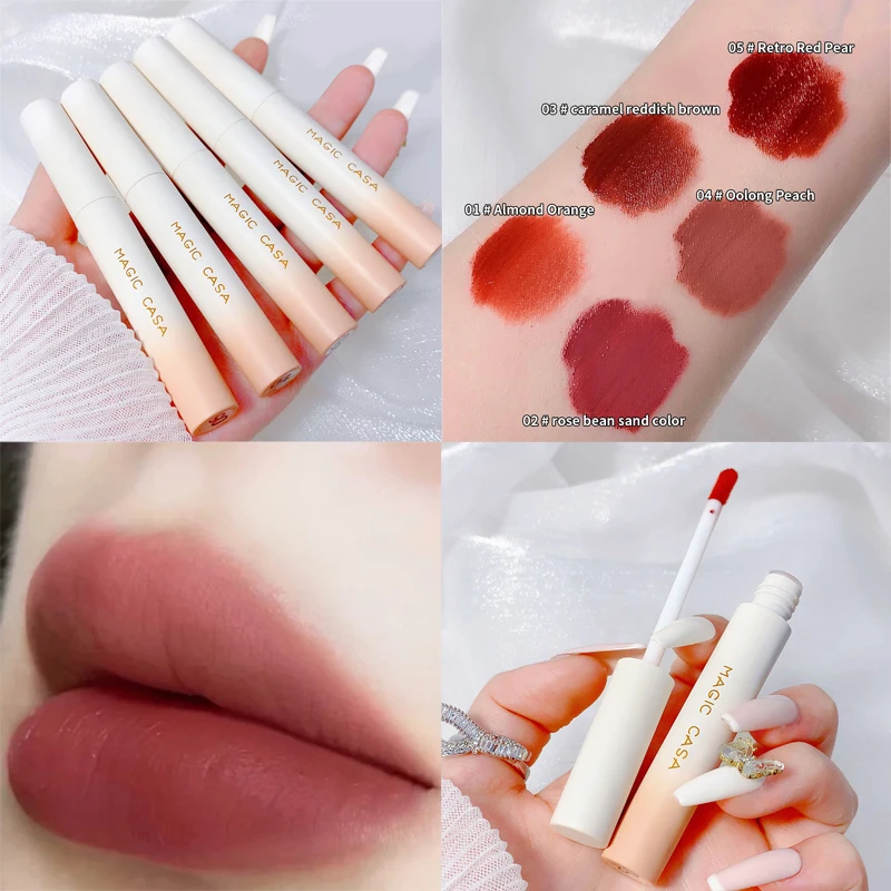 Juego de maquillaje de terciopelo mate, 5 colores, resistente al agua, lápiz labial líquido rojo duradero, taza no pegajosa, esmalte de labios rojo, cosméticos