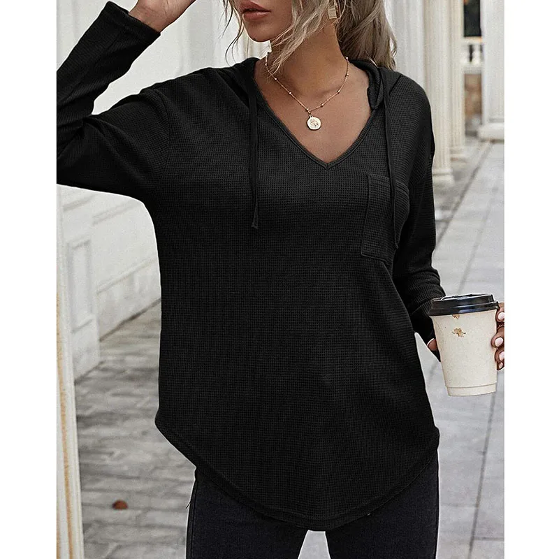 

New Women's V-neck Long Sleeve Hoodie Sweater Women's Drawstring Pullover Top y2k clothes