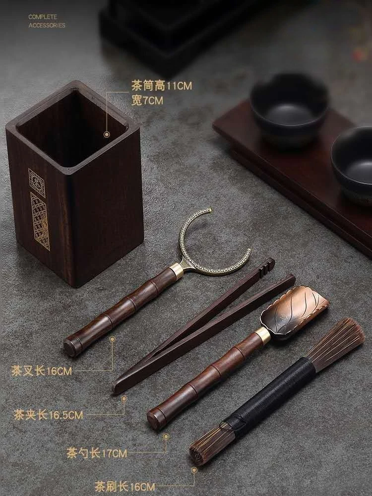 Juego de cinco/seis piezas de herramientas para hacer té, madera de ébano, ceremonia del té, cuchara, cepillo, Clip, accesorios, cubo de té de almacenamiento