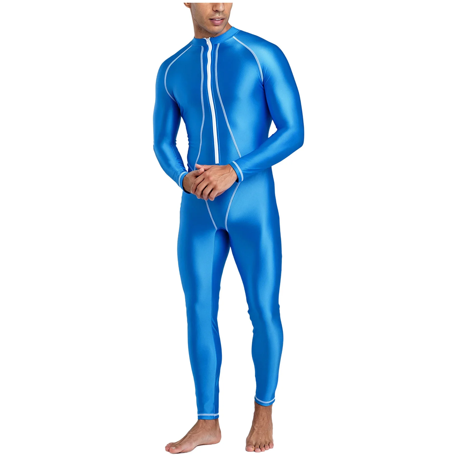 Men Full-body Coverage Rash Guard Bathing Suit Mock Neck Long Sleeves Long Pants Glossy Swimming Jumpsuit for Surfing Diving