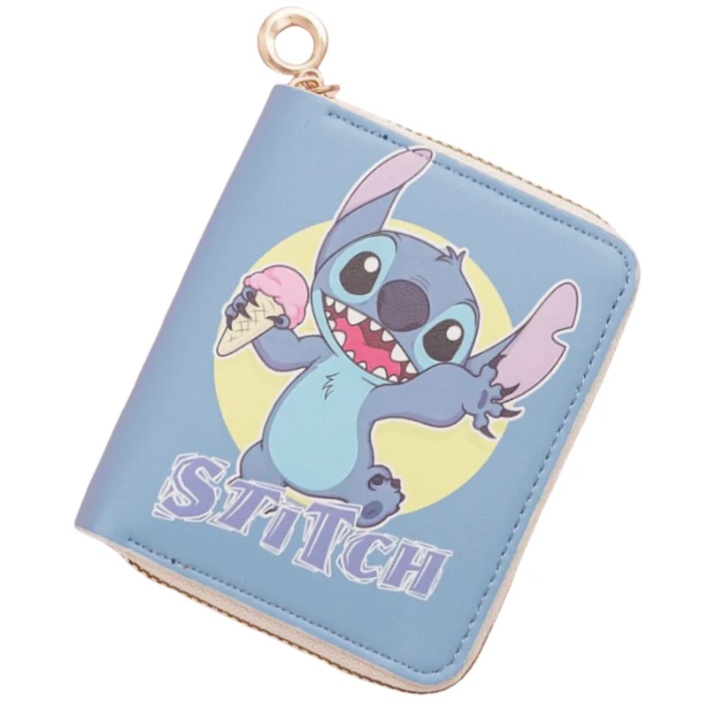 Disney stitch-cartera de piel sintética para hombre y mujer, monedero de dibujos animados, elegante, con cremallera alrededor, tarjetero