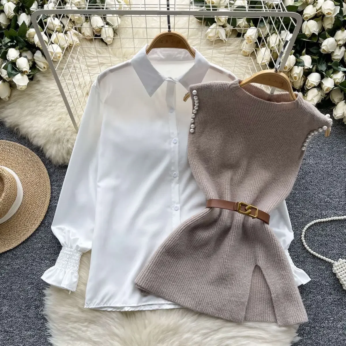 Women\'s Autumn Winter Graceful Lucky Red Pearl Sweater Vest Shirts Two Piece Set Lady Falls Knit Tank Tops Blouse with Belt