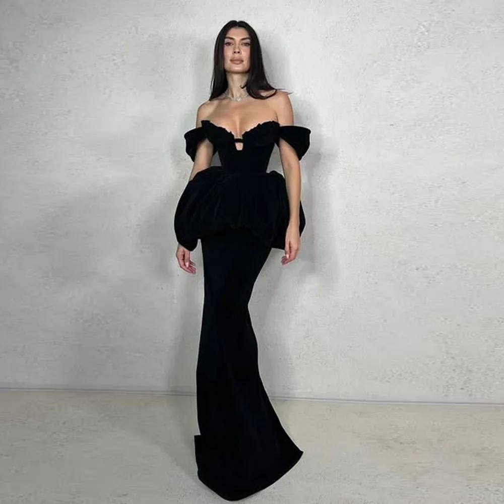 Couture Black Velvet Mermaid Long Formal Dresses With Peplum Sexy V-neck Women Maxi Gowns To Party