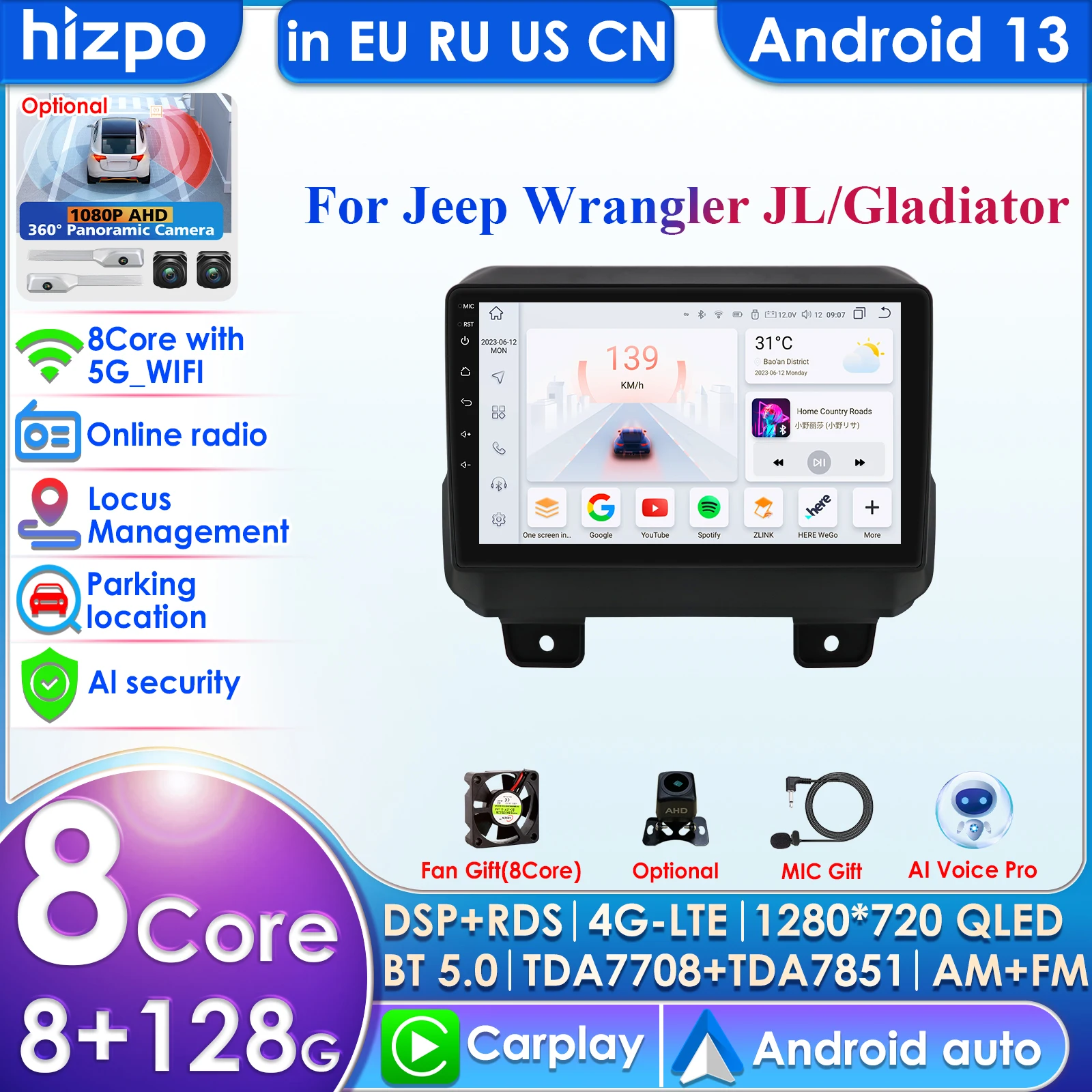 2din Android Autoradio for JEEP Wrangler JL 2018 2019 2020 2021 Gladiator Car Radio Multimedia Video Player GPS Navi Carplay 4G