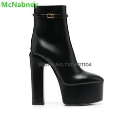 Square Heel Platform Short Boots For Female Women 2024 Winter Leather Fabric Round Toe Side Zipper Luxury Fashion Elegant Shoes