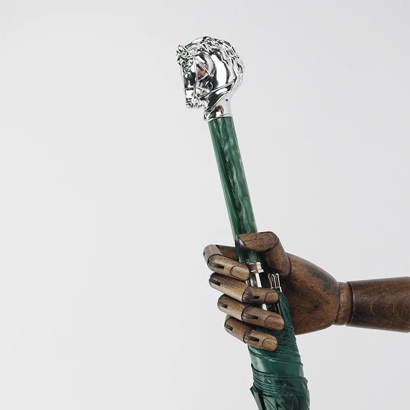 Retro Luxury Long Umbrella Creative Horse Head Handle Green Black Sunny Umbrellas UV Protection Parasol Gentleman Business Gifts