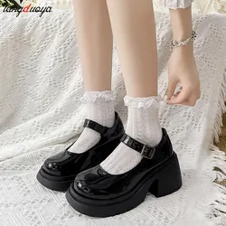 Lolita Shoes Japanese Girl Platform Black High Heels Vintage Round Toe Mary Jane Shoes Women Patent faux Leather Cosplay Shoes