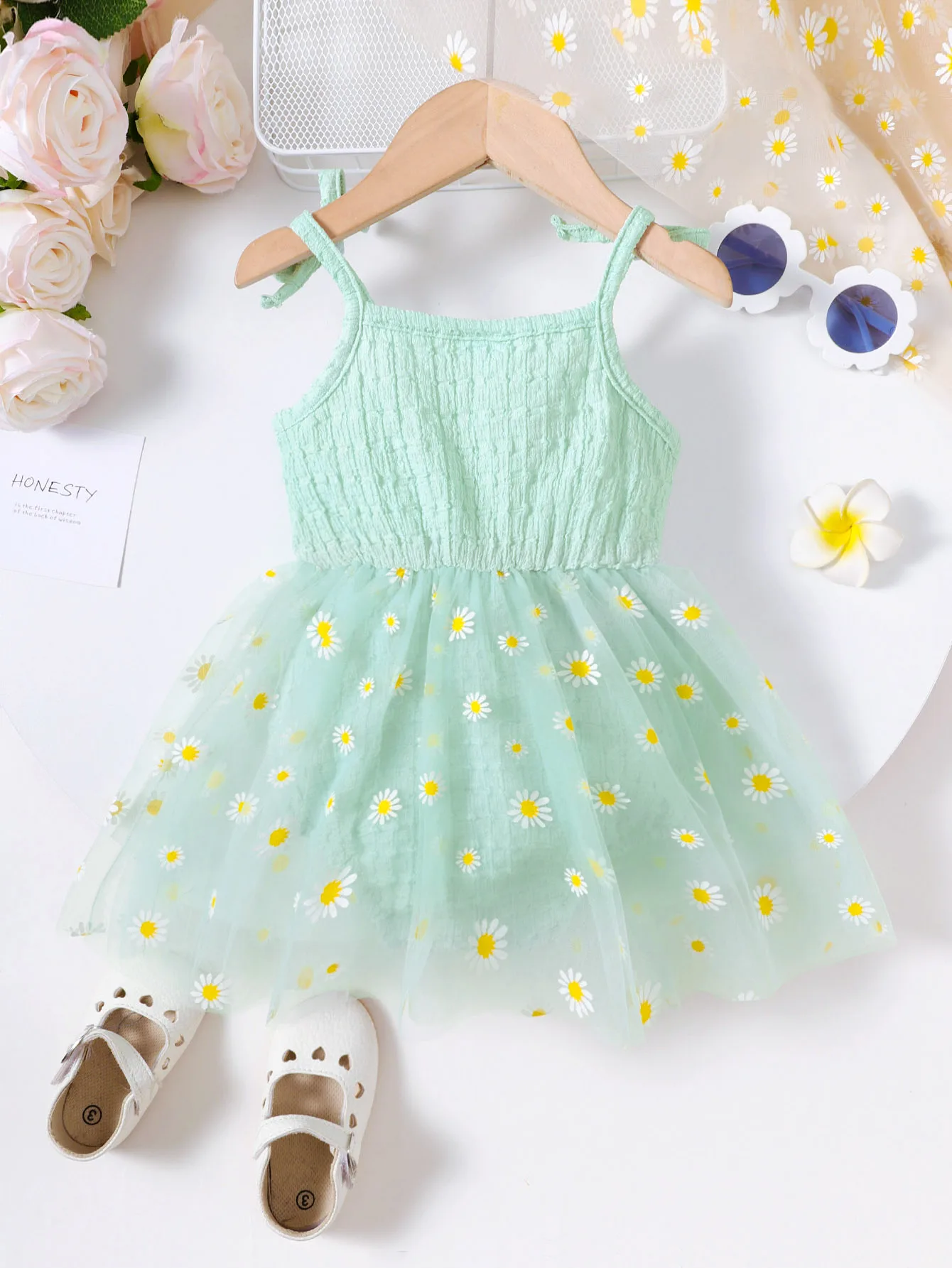 Toddler Children\'s Lace Up Bow Small Daisy Chiffon Bodysuit Suitable for Cute Baby Girls From 3 to 24 Months Summer Fashion Clot