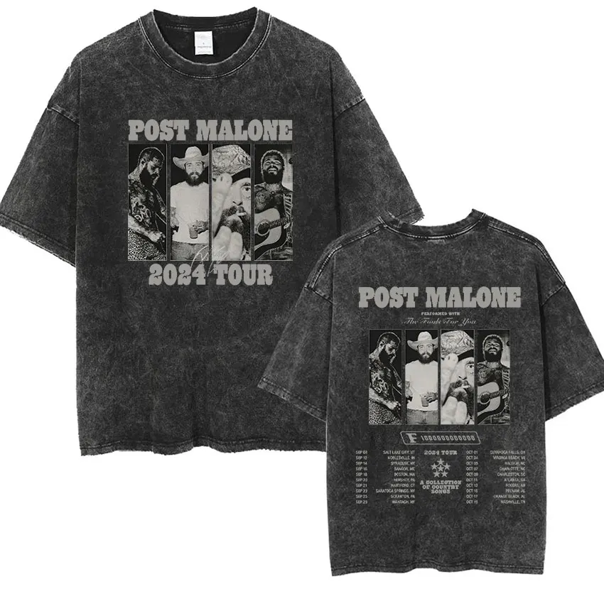 Rapper P-Posts M-Malones Tour 2024 Graphic T Shirts Men's Hip Hop Vintage Washed Fashion Oversized T-shirt man Gothic Streetwear