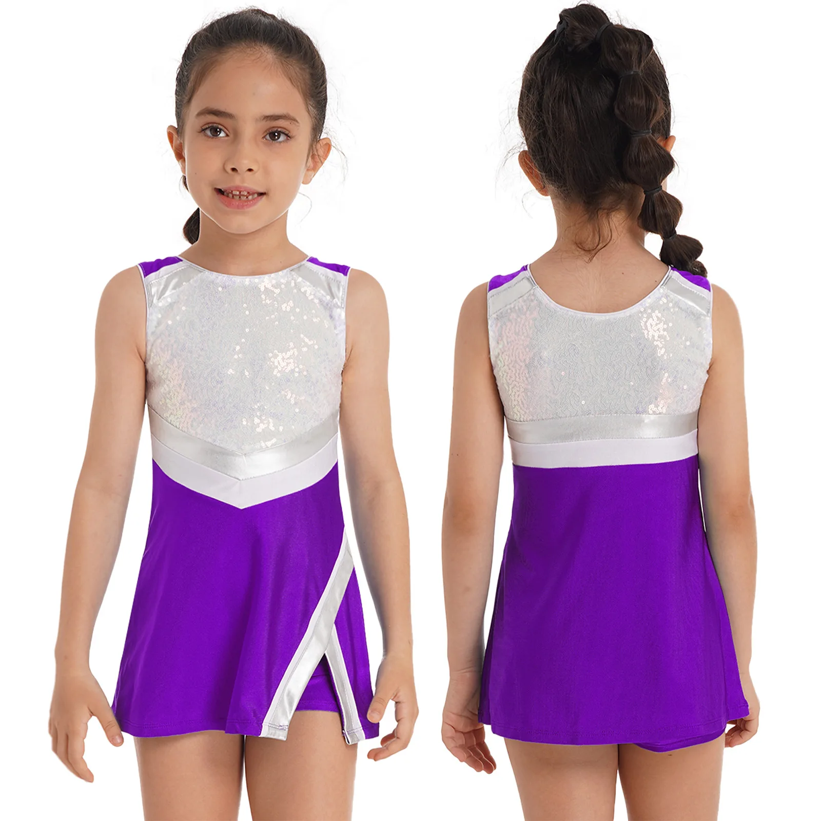 

Girls Sport Suit Dance Outfit Kids Tennis Gymnastics Workout Tracksuit Sleeveless Shiny Sequins Dress Shorts Set Stage Dancewear