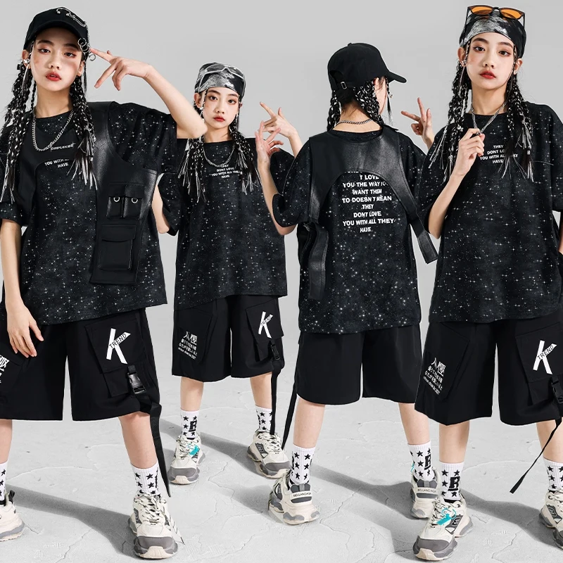 Cool Street Dance Suit Kids Black Top T-Shirt Hip Hop Shorts Girls Stage Costume Jazz Performance Outfit Fashion Streetwear 1968