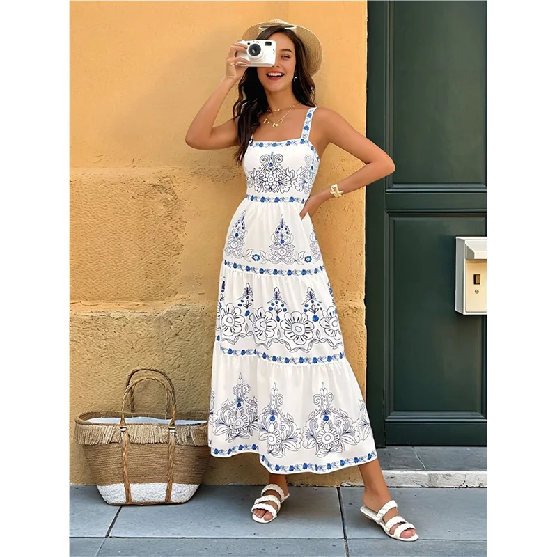 CYL-Women's Tiered Tank Dress Summer Sleeveless Floral Print Long Dress Flowy Maxi Sundress