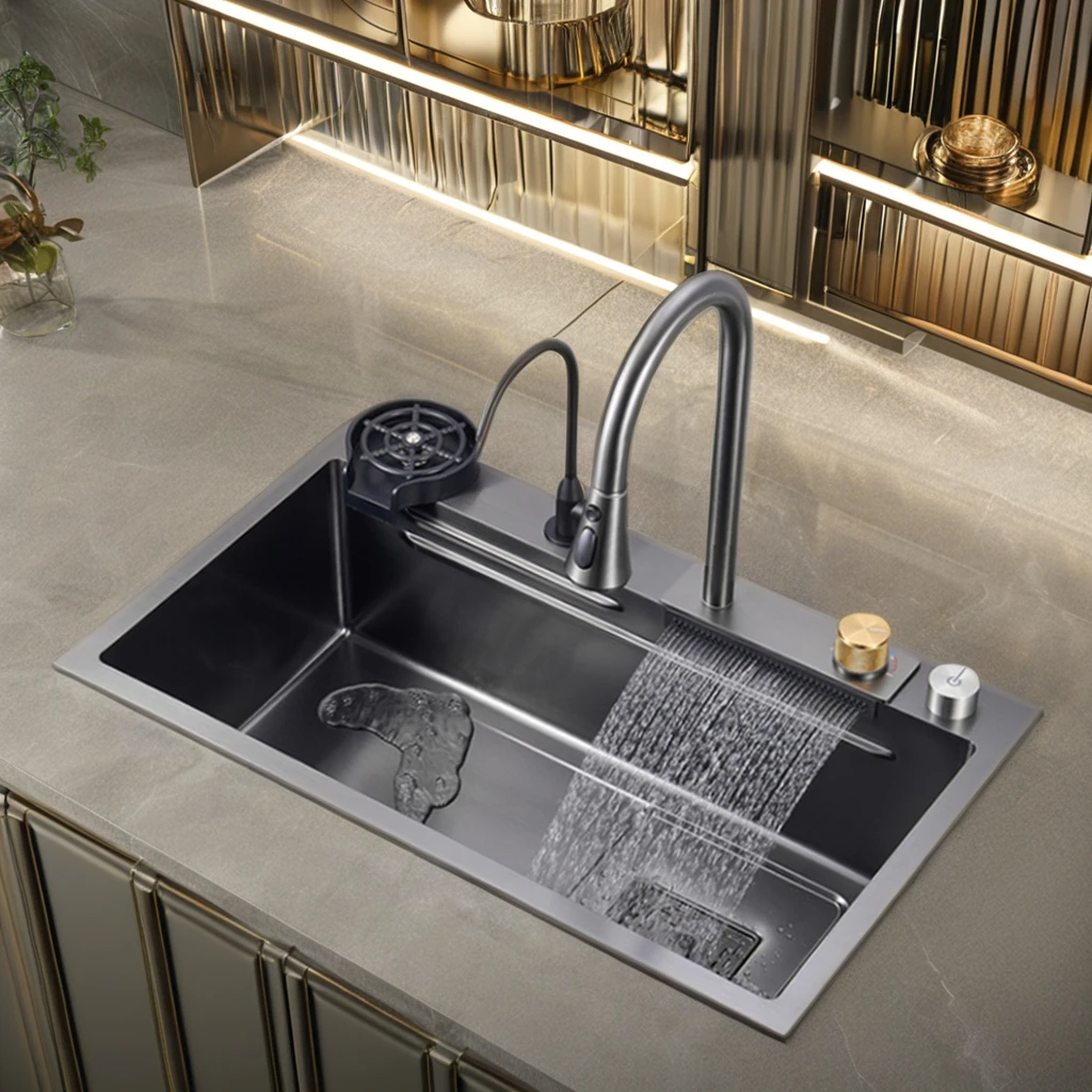 Modern Handmade 304 Stainless Steel Single Bowl Kitchen Sink With Nano Black Waterfall Faucet For Home Use