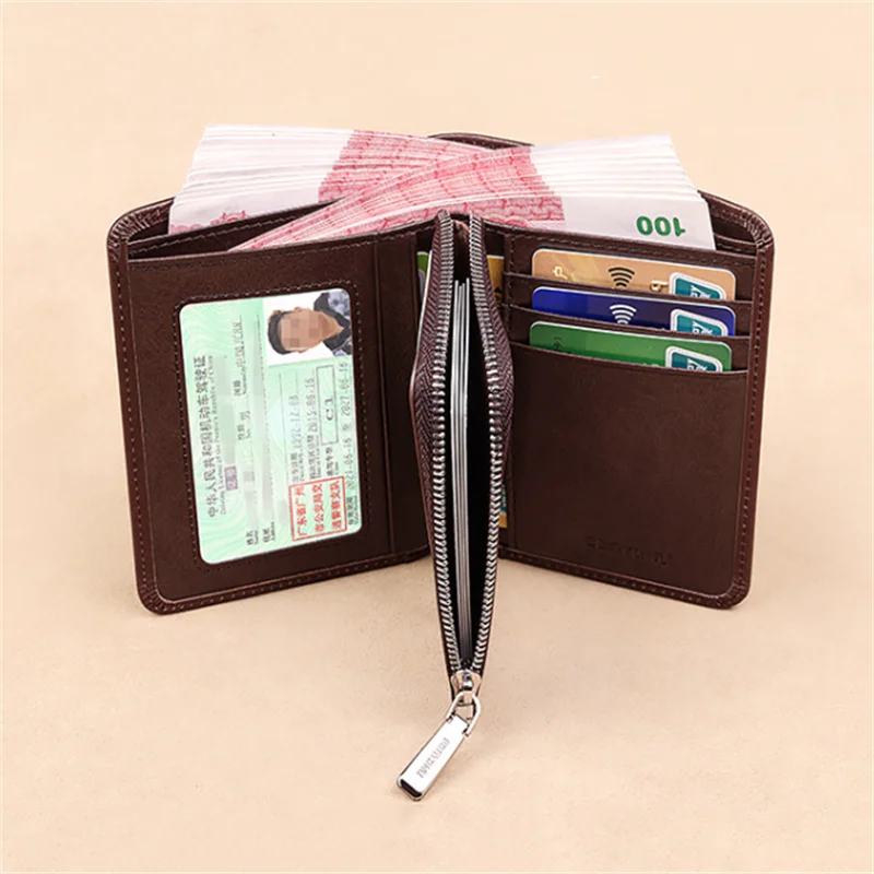 Genuine Leather Wallets For Men Vintage Multi Function Business Purse RFID Blocking Zipper ID Credit Card Holder Mens Wallet